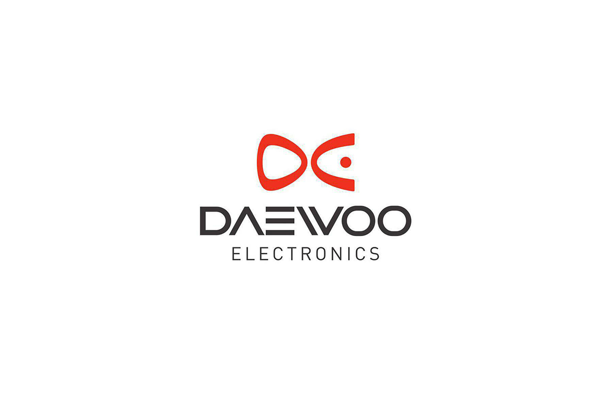 Logotipo de Daewoo Electronics con su símbolo rojo sobre fondo blanco