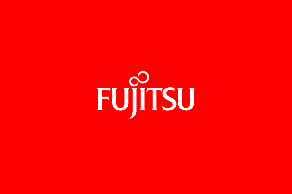 Logotipo de Fujitsu en letras blancas sobre fondo rojo
